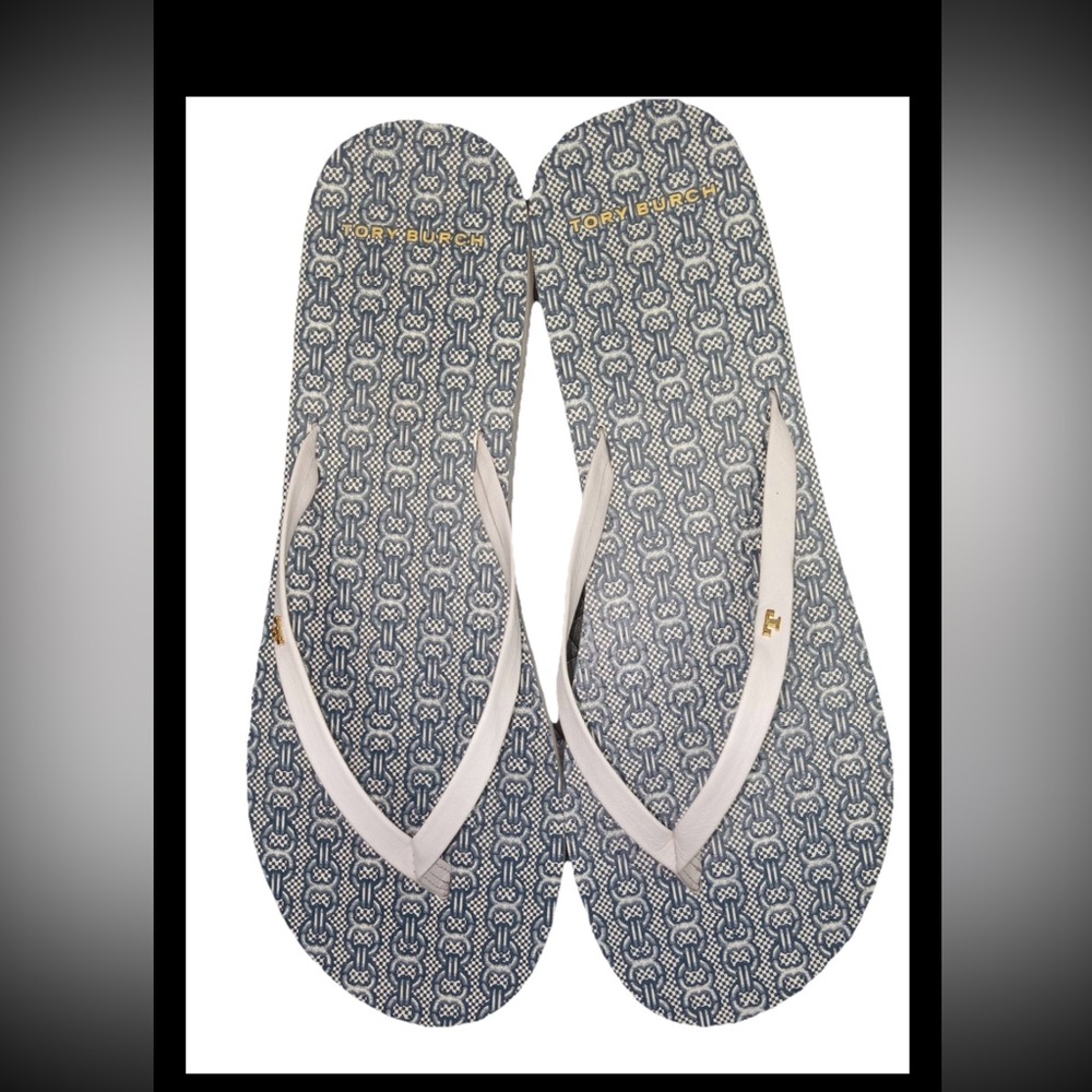 Tori Burch Flipflops, Ivory Navy Gemini Design Leather strap Size 9 Sandal thong